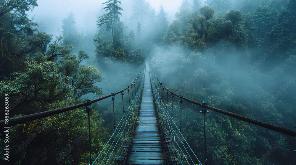 Fototapeta premium Old Suspension Bridge Spanning a Gorge in a Misty Forest.