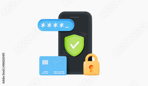 3D Secure online banking financial transaction. Phone with protective shied, credit card, pin code and padlock. Verified payments and money transfers. Cartoon creative design icon. 3D Vector
