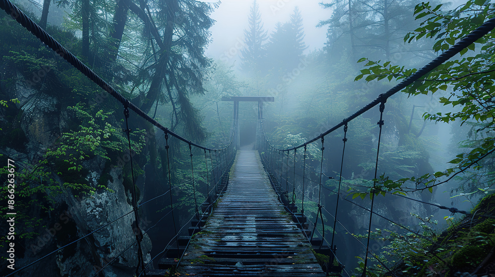 Fototapeta premium Old Suspension Bridge Spanning a Gorge in a Misty Forest.