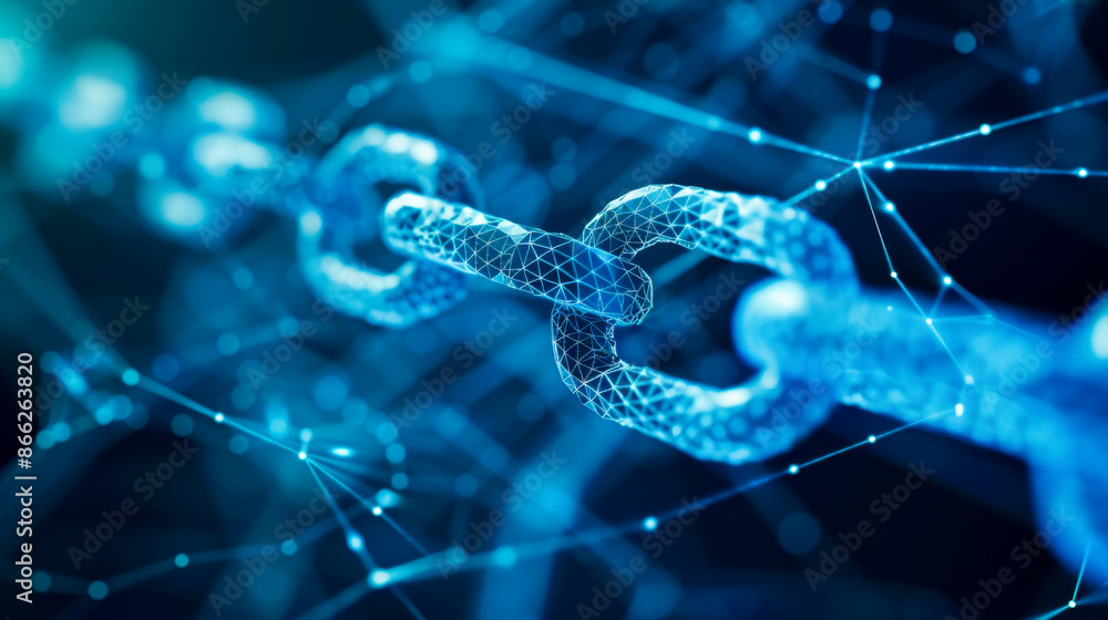 Blockchain Technology Concept with Chain Links. Close-up of a digital chain link structure illuminated in blue, representing blockchain technology and digital security. Blockchain Technology Concept with Chain Links. Close-up of a digital chain link structure illuminated in blue, representing blockchain technology and digital security.
