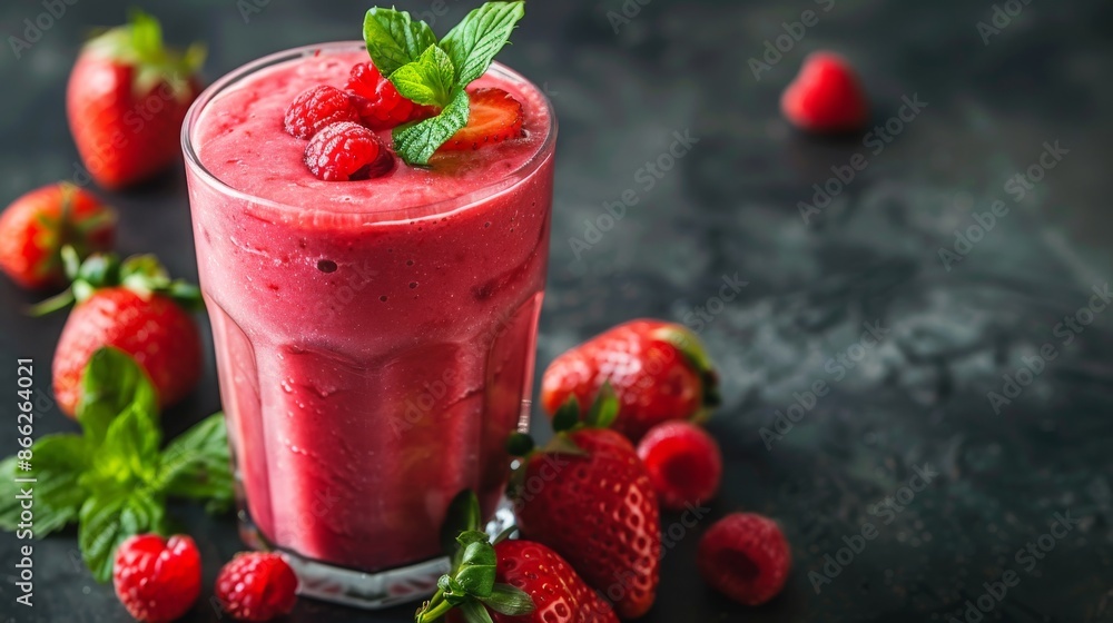 Delicious strawberry and raspberry smoothie in a tall glass with fresh berries and mint. Healthy breakfast, snack or dessert. Perfect for summer, spring, and a healthy lifestyle Delicious strawberry and raspberry smoothie in a tall glass with fresh berries and mint. Healthy breakfast, snack or dessert. Perfect for summer, spring, and a healthy lifestyle