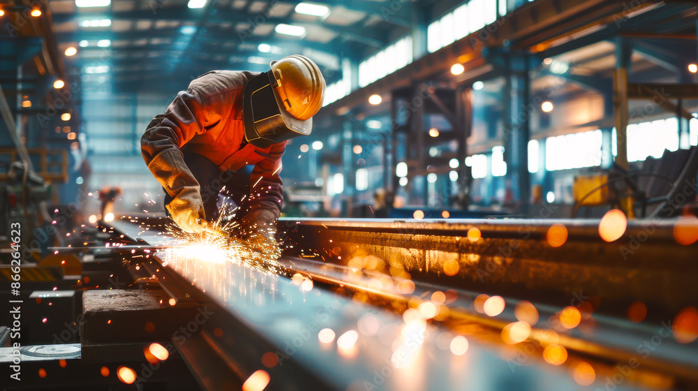 Welder Working in a Factory. A welder in protective gear working in a factory, surrounded by bright sparks as he welds a metal structure in a spacious industrial setting. Welder Working in a Factory. A welder in protective gear working in a factory, surrounded by bright sparks as he welds a metal structure in a spacious industrial setting.