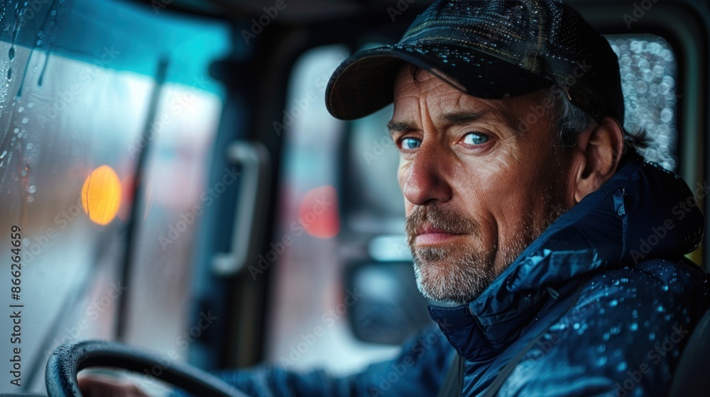 A bus driver, focused on the road ahead, The truck driver was operating a transport vehicle. The trucking industry is the hub for international supplier relationships and trade.