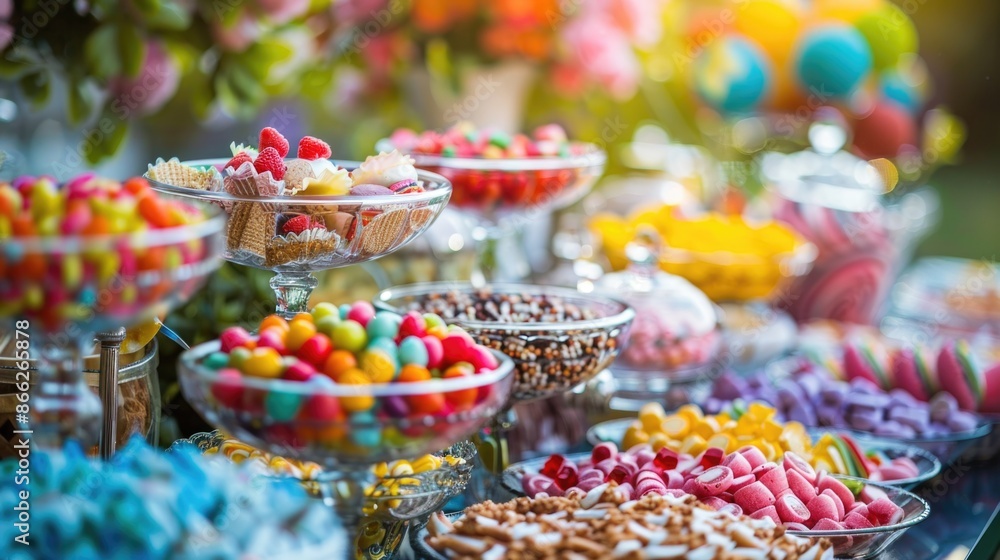 Candy bar food buffet, during hotel brunch, catering in the garden, food bloggers event, banquet, wedding, festive sweet dessert celebration party Candy bar food buffet, during hotel brunch, catering in the garden, food bloggers event, banquet, wedding, festive sweet dessert celebration party