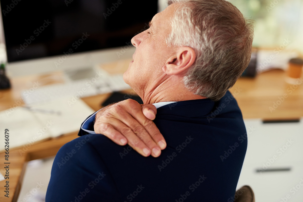 Stress, work and mature businessman with shoulder pain, massage and health. Burnout, tired and overtime with employee holding back and soothing muscle injury, strain or sprain from office accident Stress, work and mature businessman with shoulder pain, massage and health. Burnout, tired and overtime with employee holding back and soothing muscle injury, strain or sprain from office accident