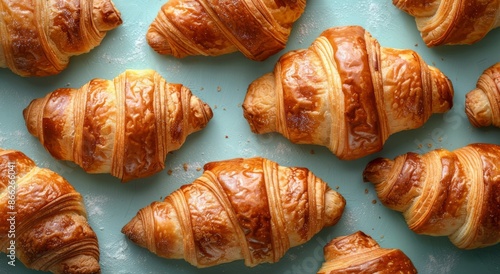 Crispy croissants pattern on turquoise background