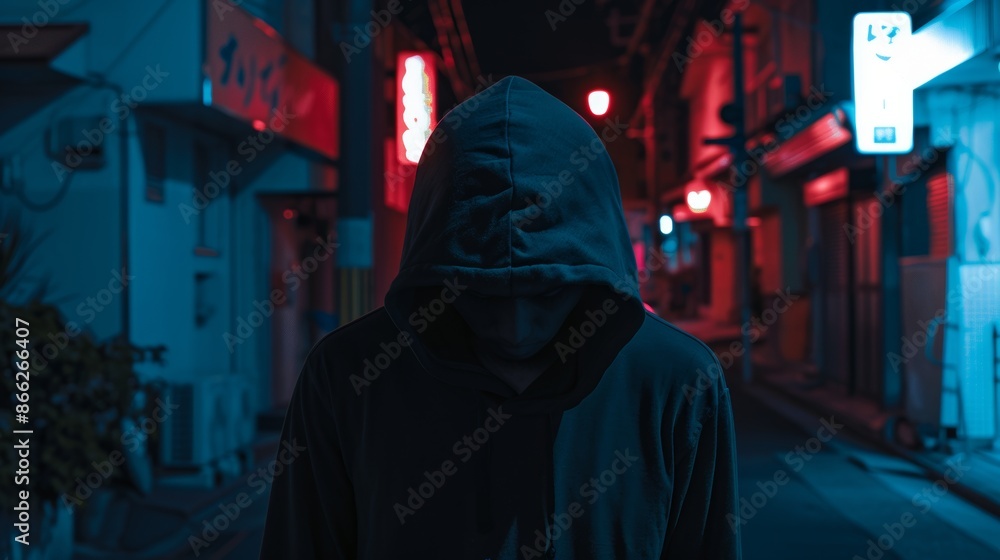 Mysterious figure in hooded sweatshirt at night in urban alley Mysterious figure in hooded sweatshirt at night in urban alley