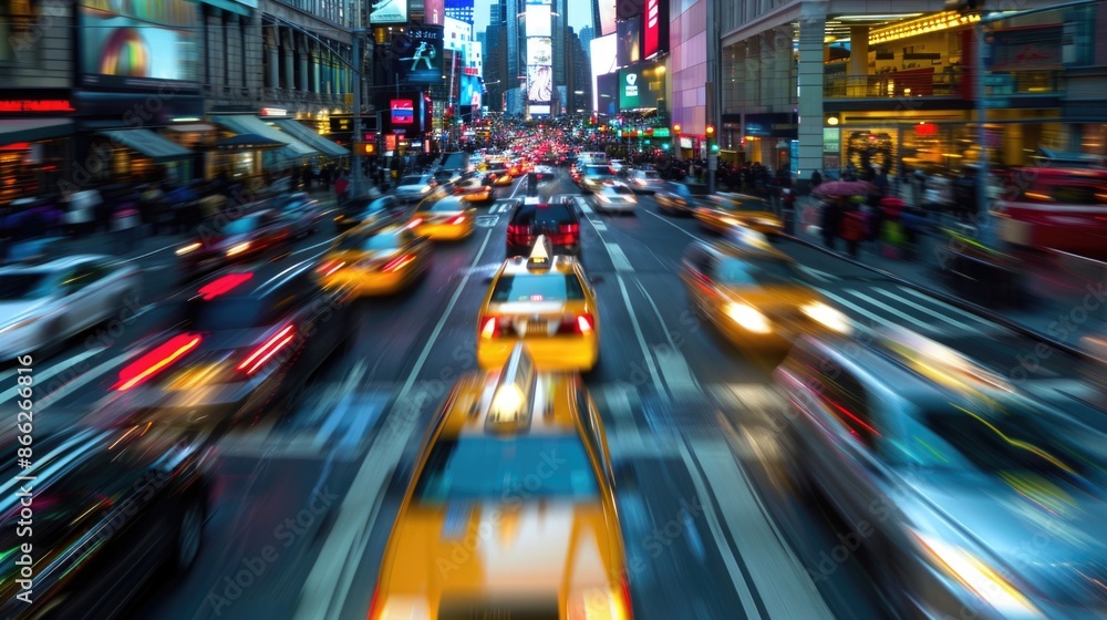 Cars in movement with motion speed blur. A crowded street scene in downtown Manhattan Cars in movement with motion speed blur. A crowded street scene in downtown Manhattan