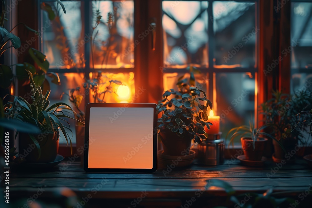 Tablet On Windowsill With Plants and Candle At Dusk Tablet On Windowsill With Plants and Candle At Dusk