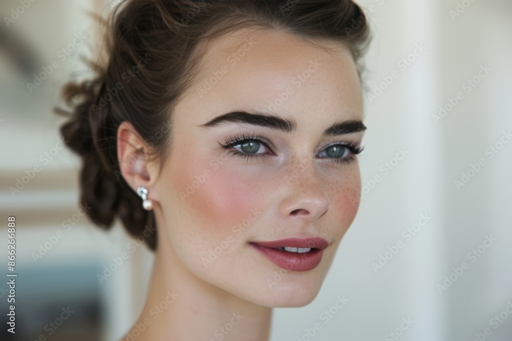 Radiant portrait of a young woman with striking eyes and delicate makeup Radiant portrait of a young woman with striking eyes and delicate makeup