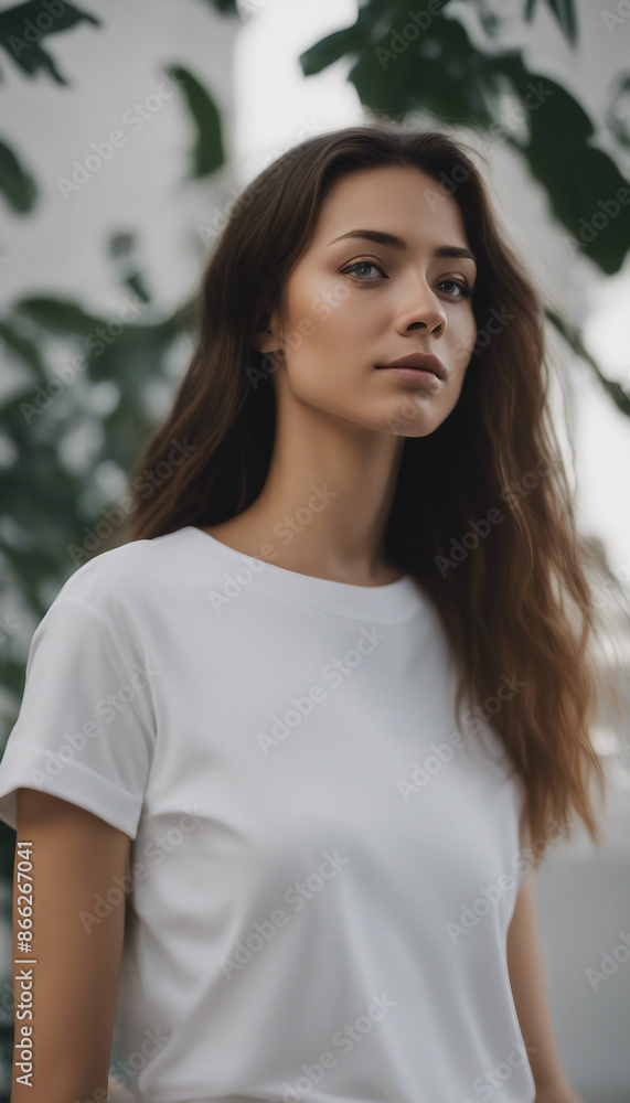 A woman wearing a high-quality white t-shirt for a blank mockup design A woman wearing a high-quality white t-shirt for a blank mockup design