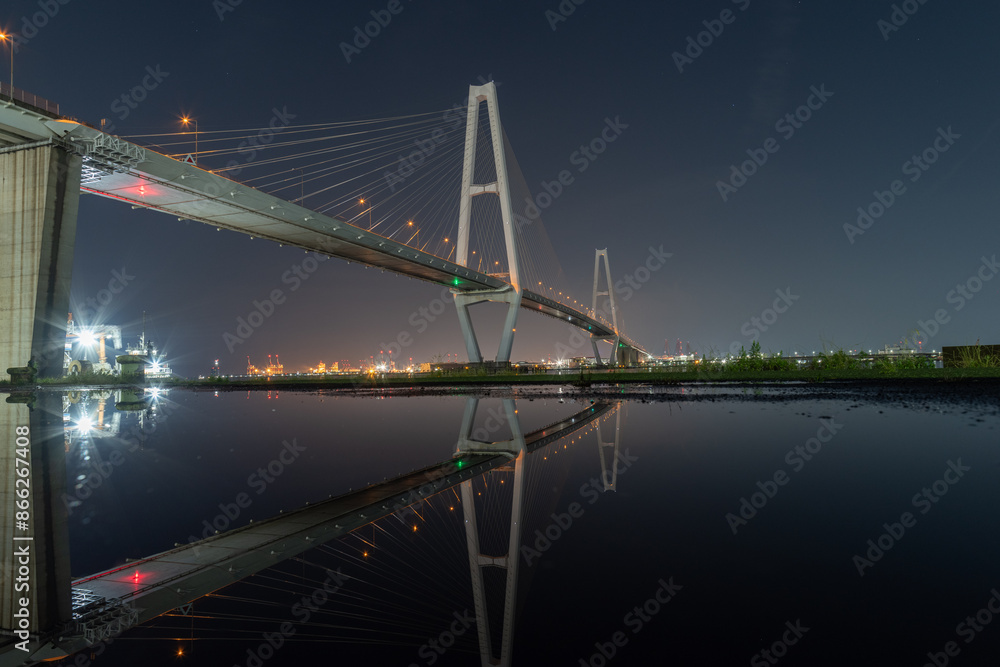 Fototapeta premium 水たまりに映り込む吊り橋 愛知県