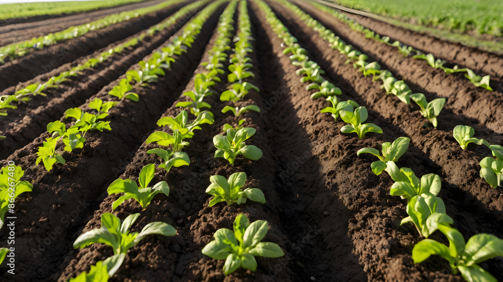 A modern field with newly planted small green seedlings A modern field with newly planted small green seedlings