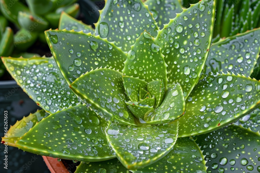 Fresh succulent with morning dew drops close-up Fresh succulent with morning dew drops close-up
