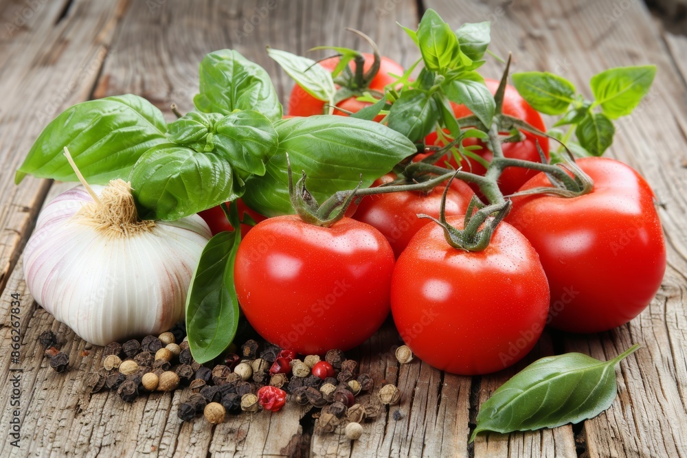 Fresh tomatoes with basil, garlic, and peppercorns on wooden background Fresh tomatoes with basil, garlic, and peppercorns on wooden background