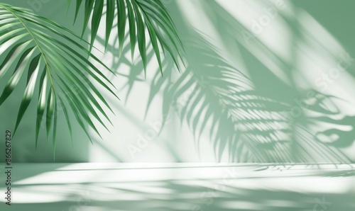 Green palm leaves casting shadows on a light green background with natural sunlight