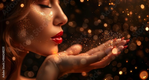 Beautiful woman blowing glitter with glowing lights and festive sparkle