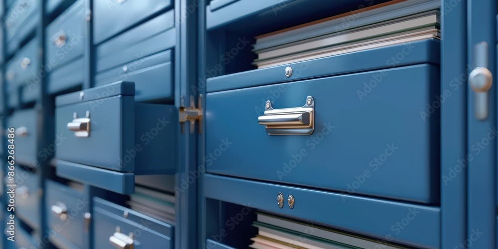 Blue Metal Filing Cabinet with Open Drawer Blue Metal Filing Cabinet with Open Drawer