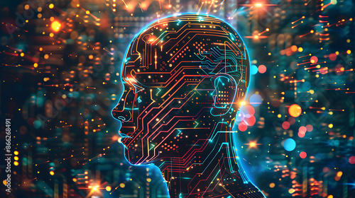  Abstract artwork of human head silhouette with circuit board design. Digital image with colorful lines. Technology and artificial intelligence concept. Design for wallpaper, poster, banner. 