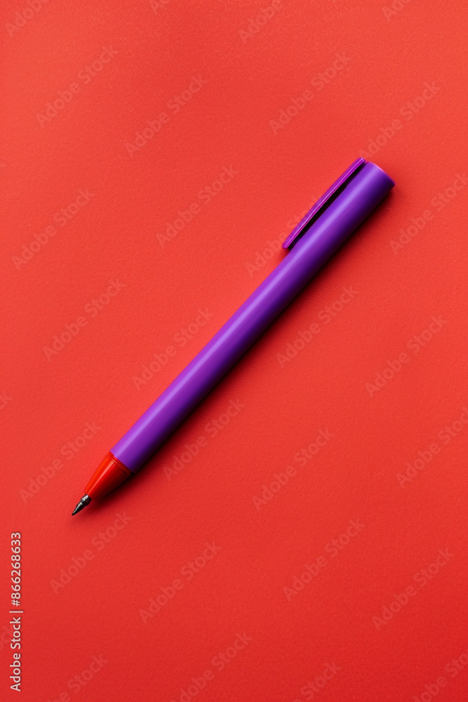 A purple marker in the top right corner of a solid red background, perfect for drawing and writing. A purple marker in the top right corner of a solid red background, perfect for drawing and writing.