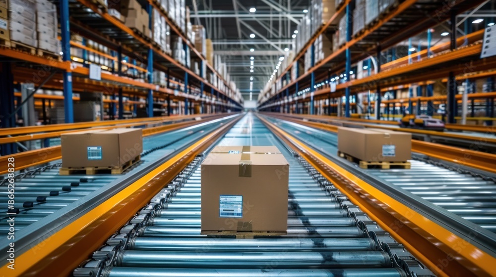 Fototapeta premium A cardboard box moves along a conveyor belt at a logistics warehouse structure. Algorithms and automated systems are available for sorting and storing goods throughout the supply chain.