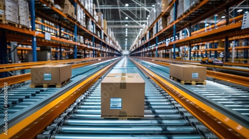 A cardboard box moves along a conveyor belt at a logistics warehouse structure. Algorithms and automated systems are available for sorting and storing goods throughout the supply chain. © เลิศลักษณ์ ทิพชัย