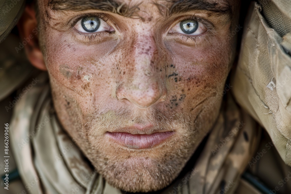 Intense gaze of a soldier with face camouflaged Intense gaze of a soldier with face camouflaged
