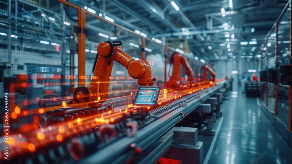 A futuristic tableau is enhanced by the digital industry's striking depiction in modern industrial environments, where industrial robots and tablets are utilized for productivity. A futuristic tableau is enhanced by the digital industry's striking depiction in modern industrial environments, where industrial robots and tablets are utilized for productivity.