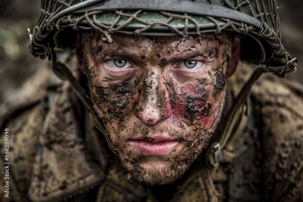 Obraz premium Intense gaze of a rugged soldier with camouflage facepaint