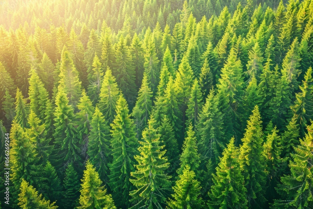 Fototapeta premium Sunlight bathing the lush green forest canopy