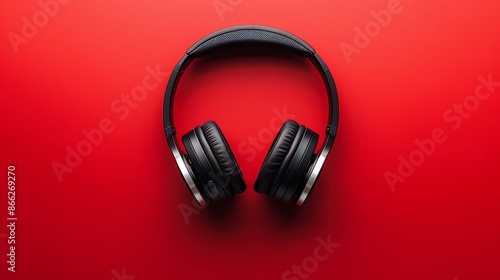 A pair of black headphones on a red background.