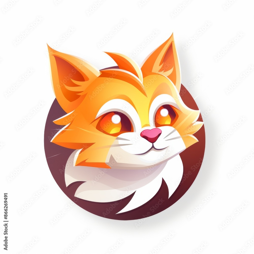 Obraz premium Cute cartoon cat illustration, adorable ginger kitten portrait with big eyes for kids brand, logo, or sticker design