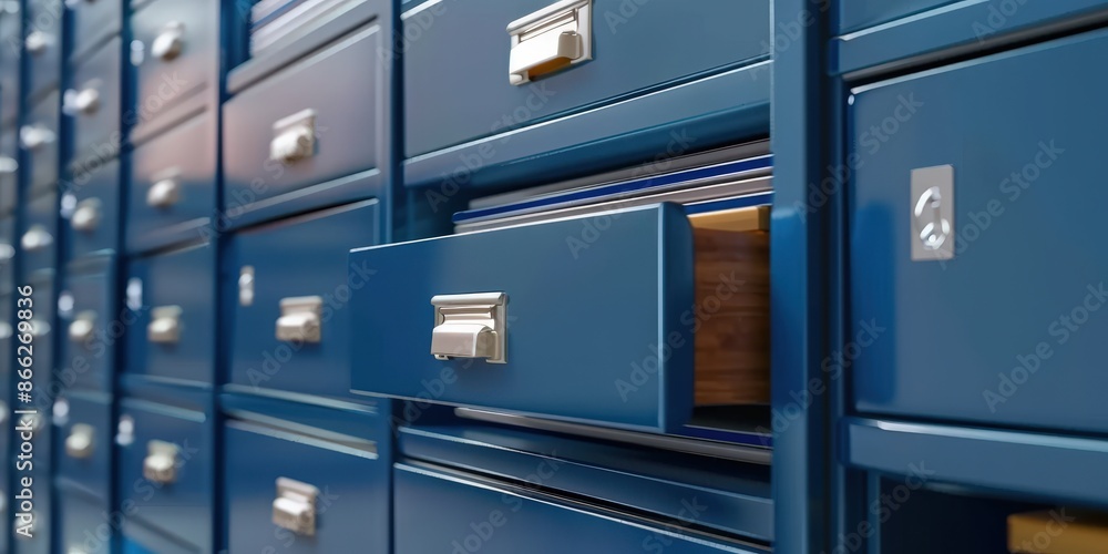 A Row of Blue Drawers with One Open A Row of Blue Drawers with One Open