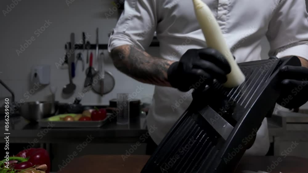A man in black gloves chops daikon on a wooden board A man in black gloves chops daikon on a wooden board