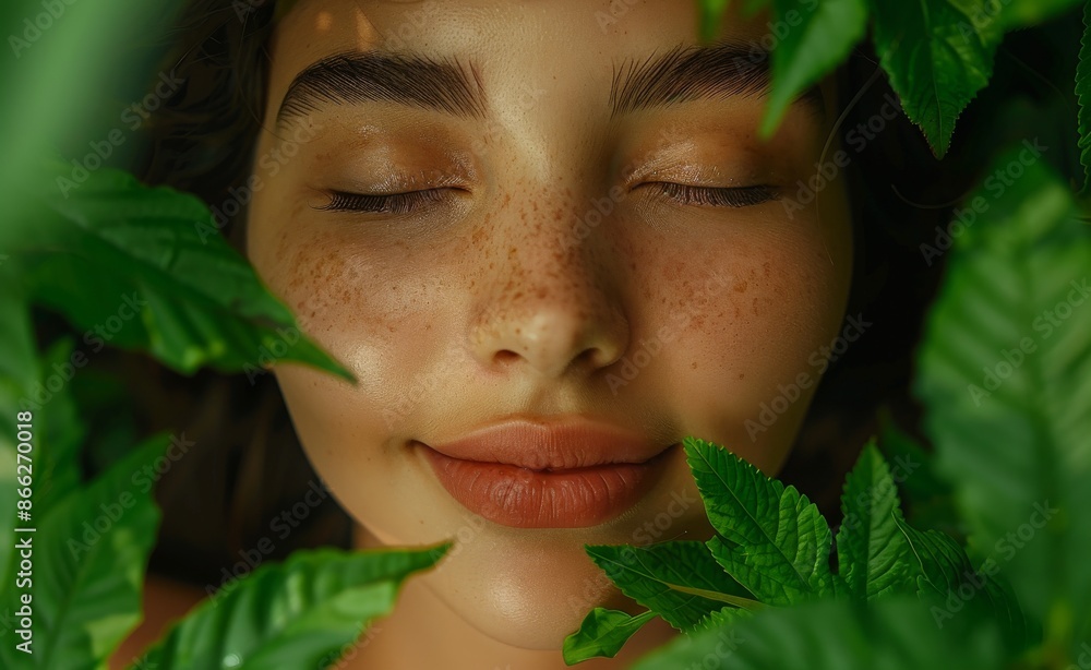 Portrait of a serene young woman surrounded by green leaves with closed eyes and peaceful expression Portrait of a serene young woman surrounded by green leaves with closed eyes and peaceful expression