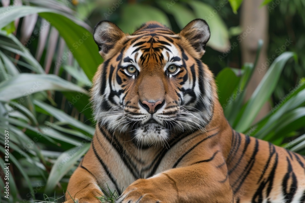 Majestic tiger lounging amidst lush greenery Majestic tiger lounging amidst lush greenery