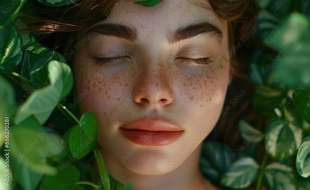 Serene woman with closed eyes surrounded by green leaves and natural light Serene woman with closed eyes surrounded by green leaves and natural light