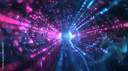 3d render, abstract background with blue and pink light rays and bokeh lights