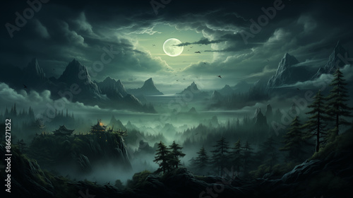 a painting of a forest with mountains in the background at night time with a full moon in the sky, a matte painting, gothic art, matte painting, Derold Page