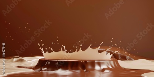 Chocolate podium 3D background product coffee stand display platform liquid milk splash. 3D chocolate wave cocoa podium