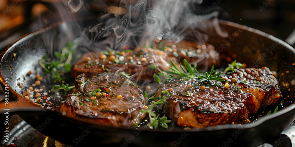 Fototapeta premium Sizzling Steak in Grill Pan Appetizing Food Image