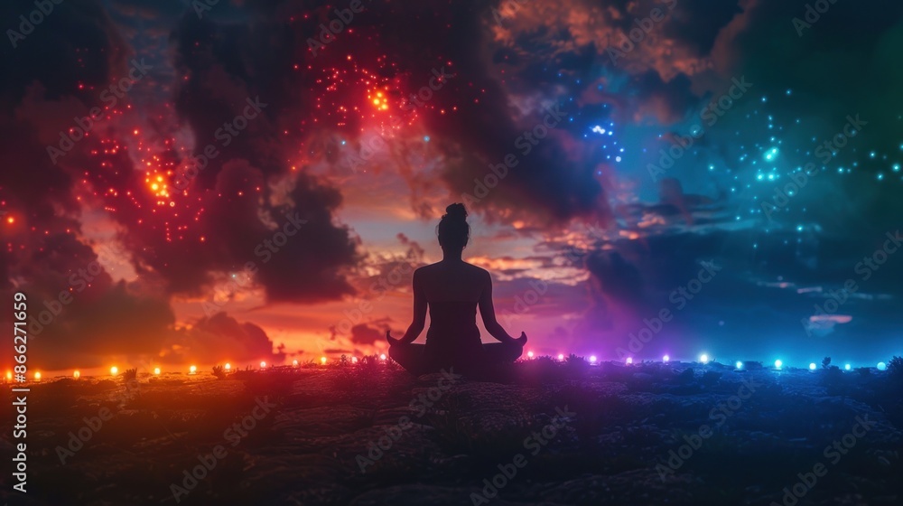 A person in a yoga pose, meditating in silhouette. Against the cosmic backdrop, pure and quiet. fusing the energy of the universe with peace. A person in a yoga pose, meditating in silhouette. Against the cosmic backdrop, pure and quiet. fusing the energy of the universe with peace.