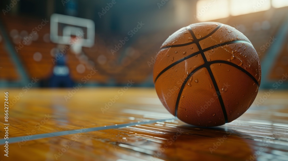 Close-Up Of A Basketball On The Court Floor, High Quality Background Close-Up Of A Basketball On The Court Floor, High Quality Background