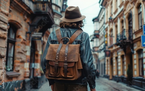 Man Wearing Leather Backpack Walking Through European City Street © Umar