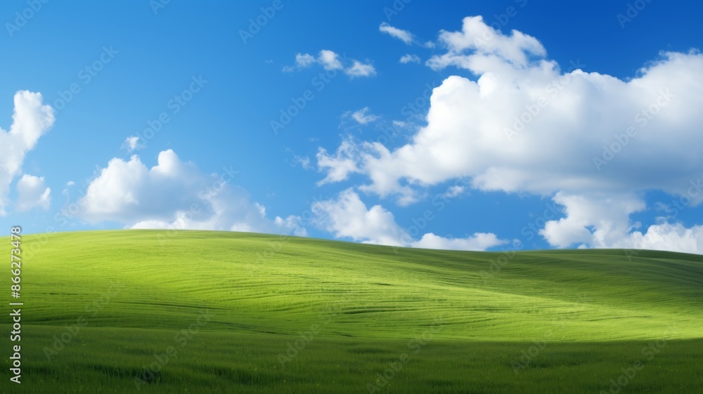 Fototapeta premium Idyllic green hill under a blue sky with fluffy white clouds. Concept of nature, peace, serenity, and tranquility.