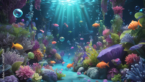 Create an undersea scene with bright light, bubbles, plants, flowers and aquatic vines, bright, crisp and colorful colors, realistic 3D cartoon, do not put any type of fish photo