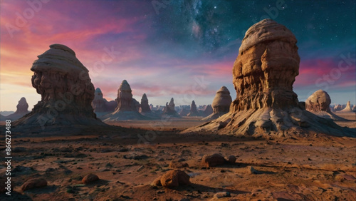 An alien planet landscape with rock formations and colorful sky.