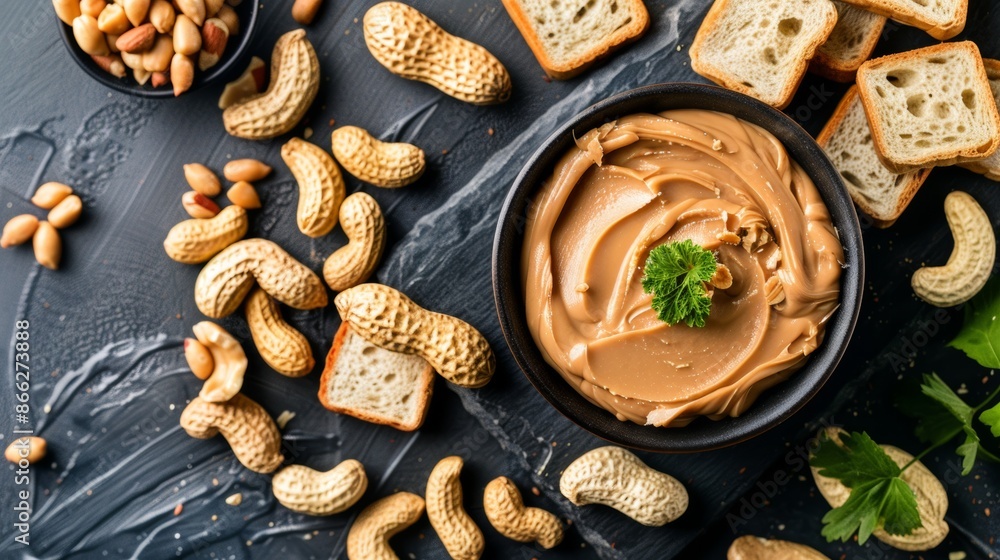 Creamy peanut butter in a bowl with peanuts and bread slices Creamy peanut butter in a bowl with peanuts and bread slices