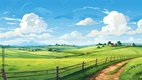Idyllic Countryside Landscape with Rolling Hills, Green Fields, Farm Houses under Blue Sky, Illustration, Digital Art