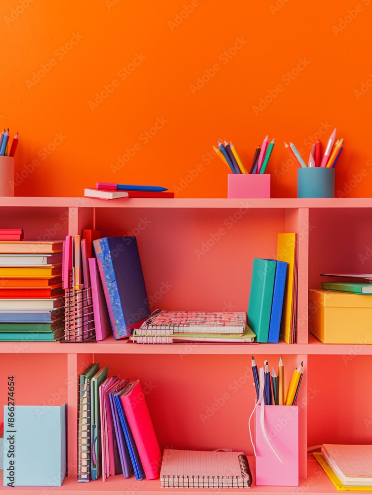 A solid orange shelf with neatly placed school supplies including notebooks, pens, and pencils in an isolated room with a pink background, creating a colorful educational background. A solid orange shelf with neatly placed school supplies including notebooks, pens, and pencils in an isolated room with a pink background, creating a colorful educational background.